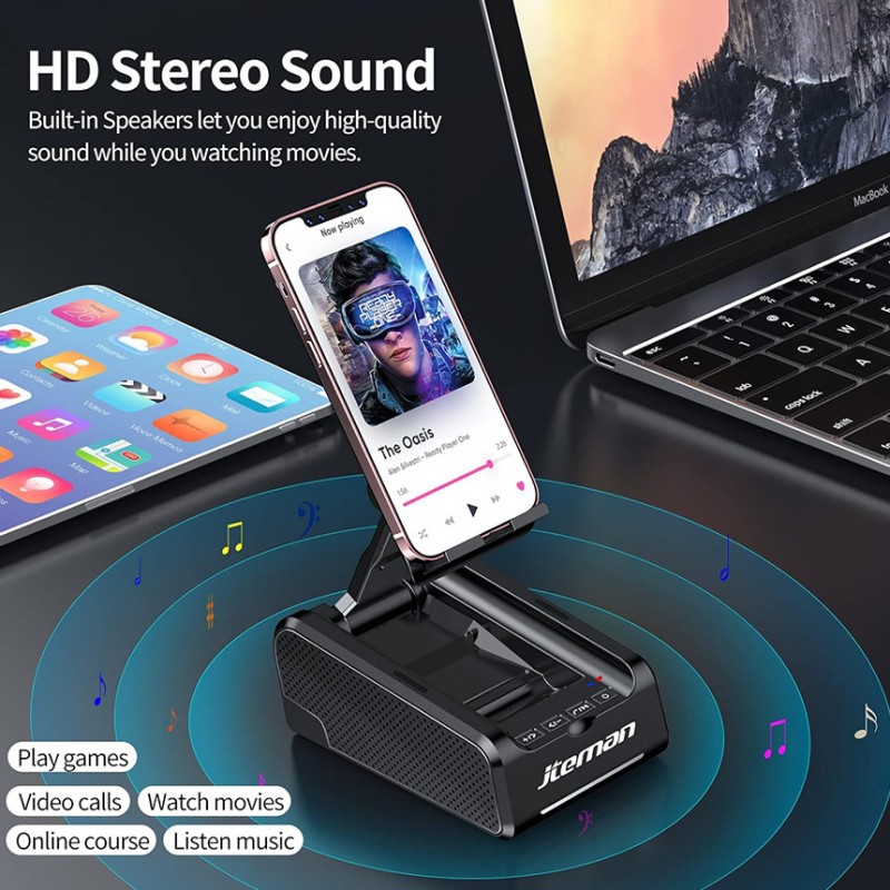 Foldable Phone Stand with Bluetooth Speaker, Portable Heavy Bass Stereo Audio Desk Mount for Office Home Streaming Video Watching
