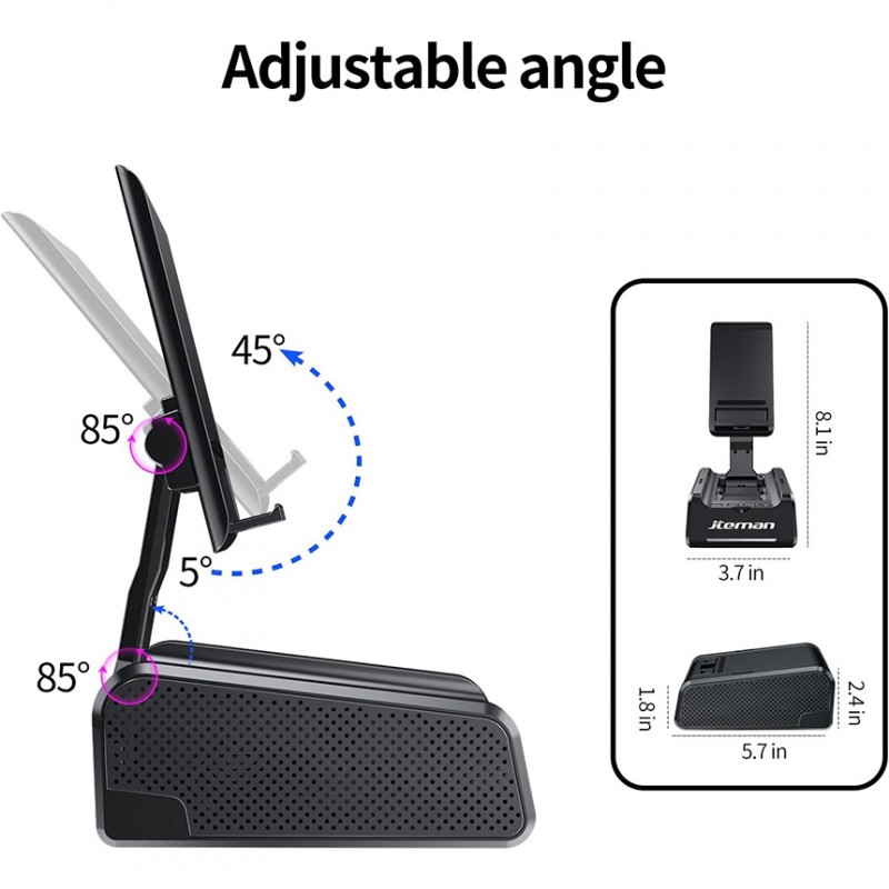 Foldable Phone Stand with Bluetooth Speaker, Portable Heavy Bass Stereo Audio Desk Mount for Office Home Streaming Video Watching