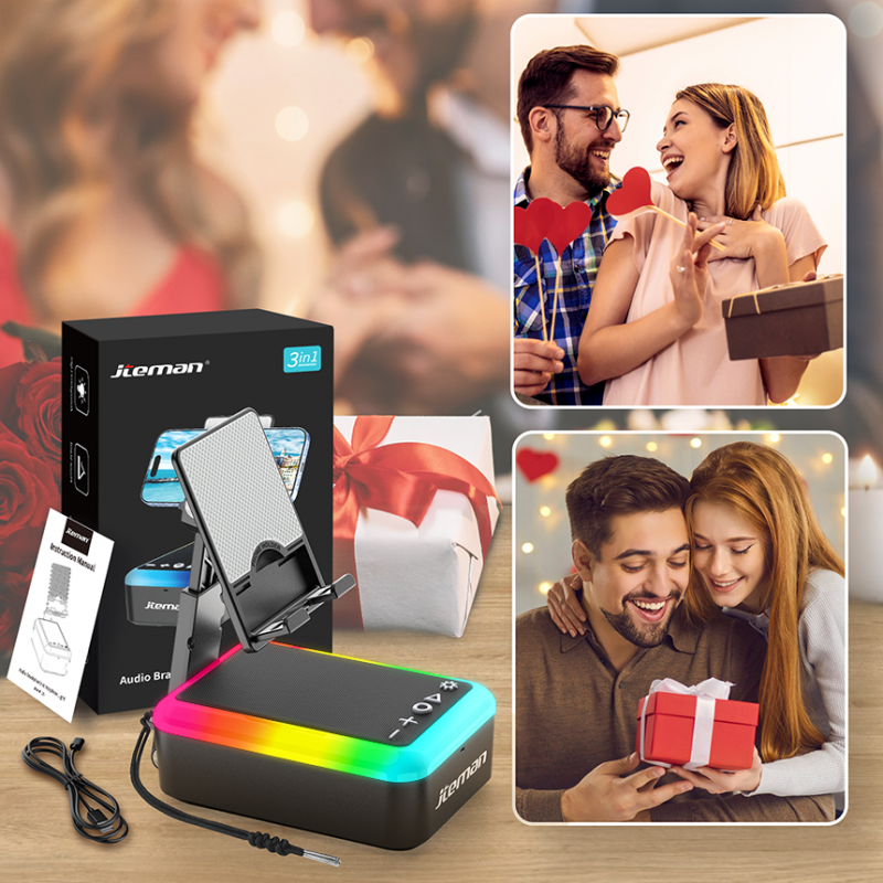 JTEMAN Bluetooth Speaker with Phone Stand and Multicolor Ambient Light – features high-definition stereo sound and a built-in foldable phone stand; ideal for bedrooms, camping, and other leisure settings, and makes a great gift for family and friends.