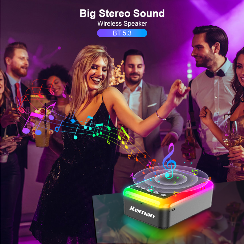 JTEMAN Bluetooth Speaker with Phone Stand and Multicolor Ambient Light – features high-definition stereo sound and a built-in foldable phone stand; ideal for bedrooms, camping, and other leisure settings, and makes a great gift for family and friends.
