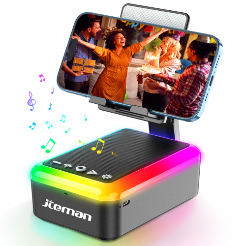 JTEMAN Bluetooth Speaker with Phone Stand and Multicolor Ambient Light – features high-definition stereo sound and a built-in foldable phone stand; ideal for bedrooms, camping, and other leisure settings, and makes a great gift for family and friends.