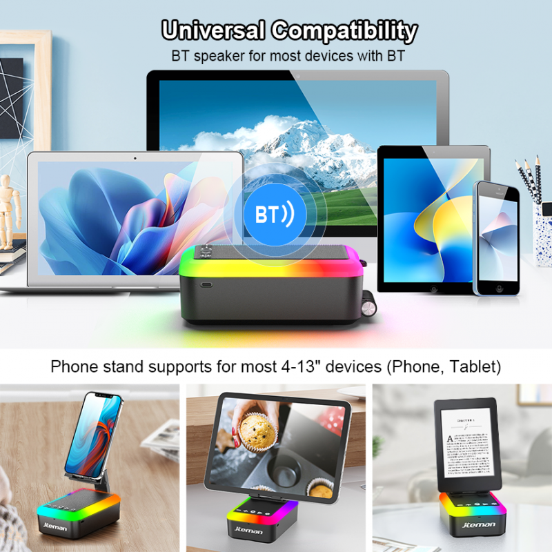JTEMAN Bluetooth Speaker with Phone Stand and Multicolor Ambient Light – features high-definition stereo sound and a built-in foldable phone stand; ideal for bedrooms, camping, and other leisure settings, and makes a great gift for family and friends.