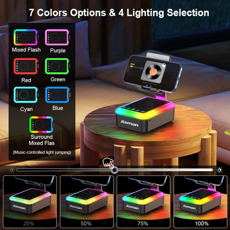 JTEMAN Bluetooth Speaker with Phone Stand and Multicolor Ambient Light – features high-definition stereo sound and a built-in foldable phone stand; ideal for bedrooms, camping, and other leisure settings, and makes a great gift for family and friends.