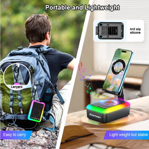JTEMAN Bluetooth Speaker with Phone Stand and Multicolor Ambient Light – features high-definition stereo sound and a built-in foldable phone stand; ideal for bedrooms, camping, and other leisure settings, and makes a great gift for family and friends.