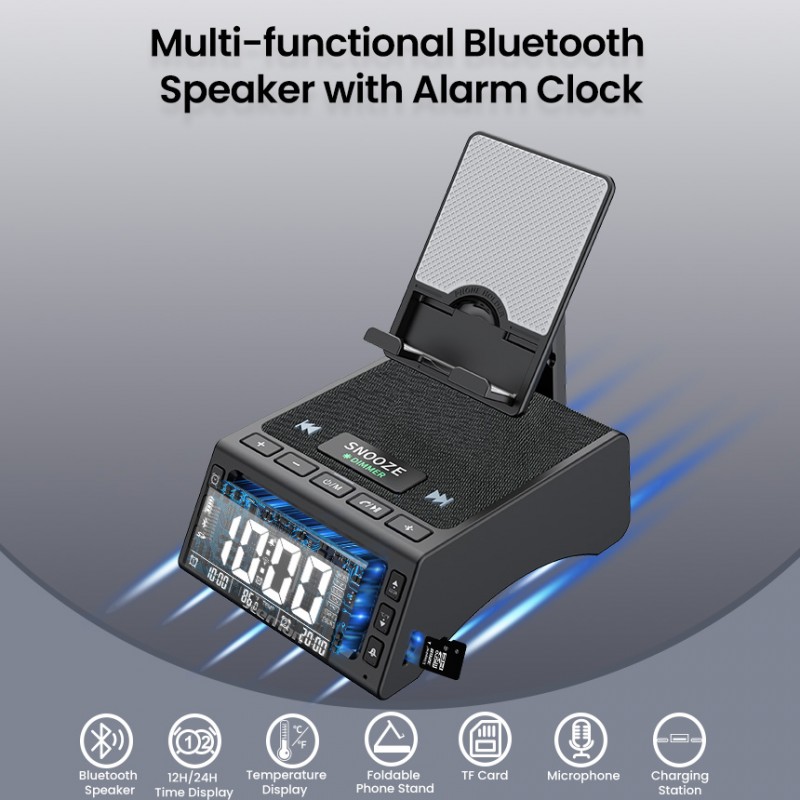 jteman Bluetooth speaker phone stand with alarm clock—featuring deep bass, an LED alarm display, and TF card support; ideal for bedside tables or studies, and a great gift for parents or friends.