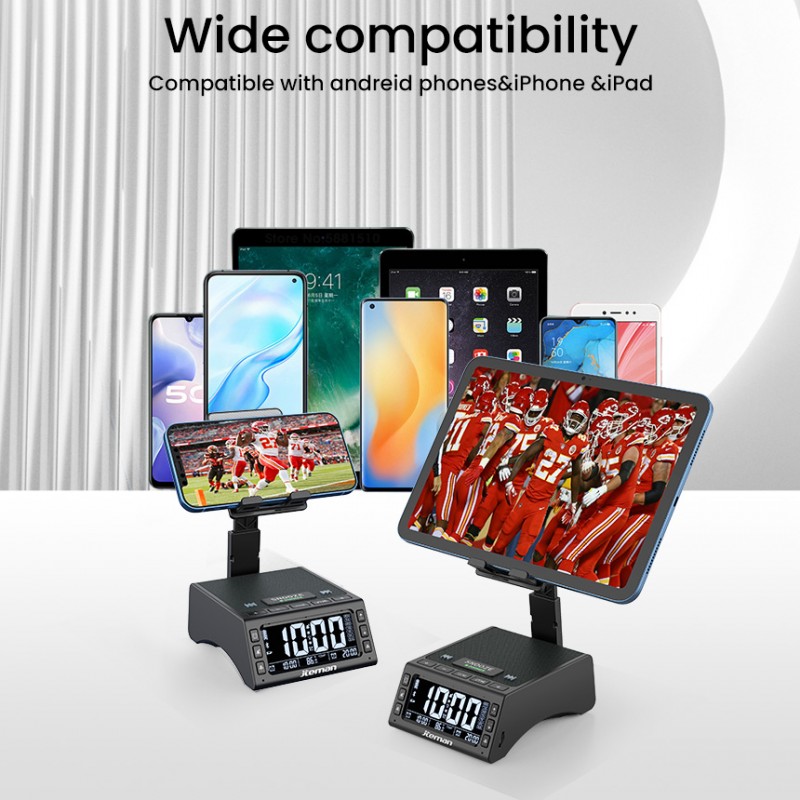 jteman Bluetooth speaker phone stand with alarm clock—featuring deep bass, an LED alarm display, and TF card support; ideal for bedside tables or studies, and a great gift for parents or friends.