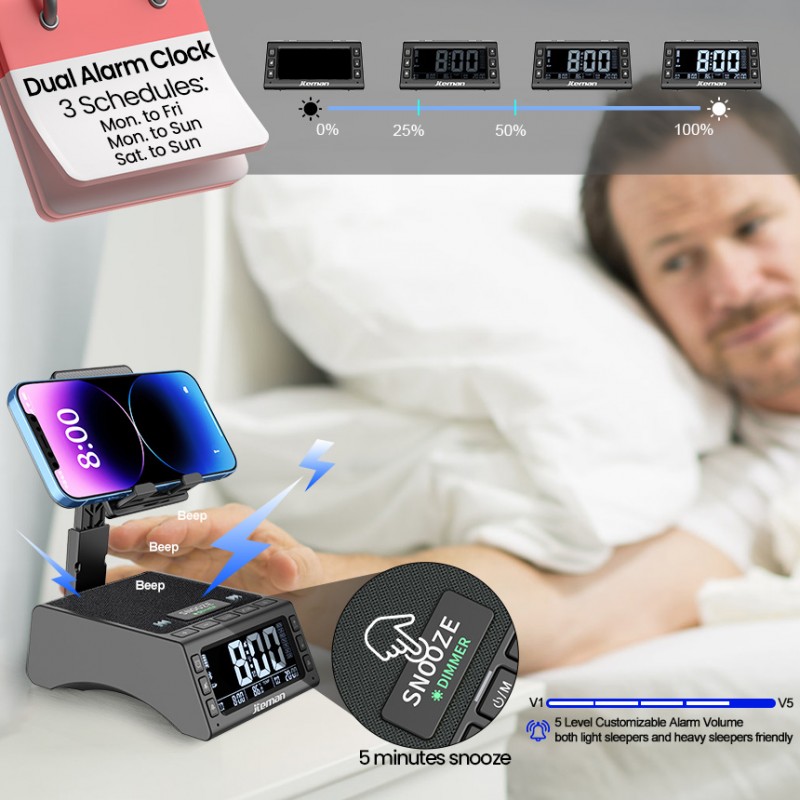 jteman Bluetooth speaker phone stand with alarm clock—featuring deep bass, an LED alarm display, and TF card support; ideal for bedside tables or studies, and a great gift for parents or friends.