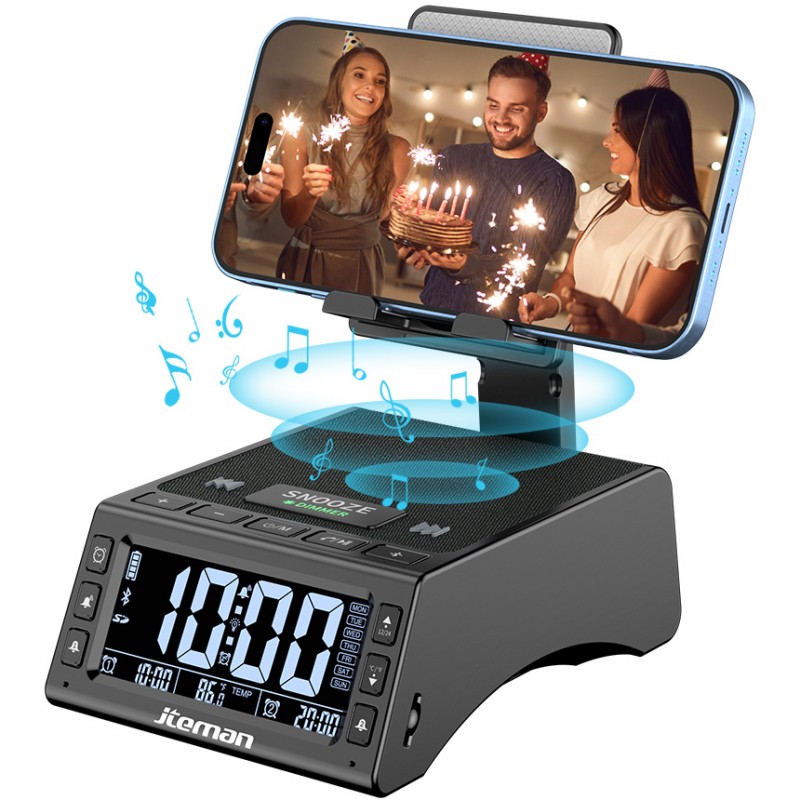 jteman Bluetooth speaker phone stand with alarm clock—featuring deep bass, an LED alarm display, and TF card support; ideal for bedside tables or studies, and a great gift for parents or friends.