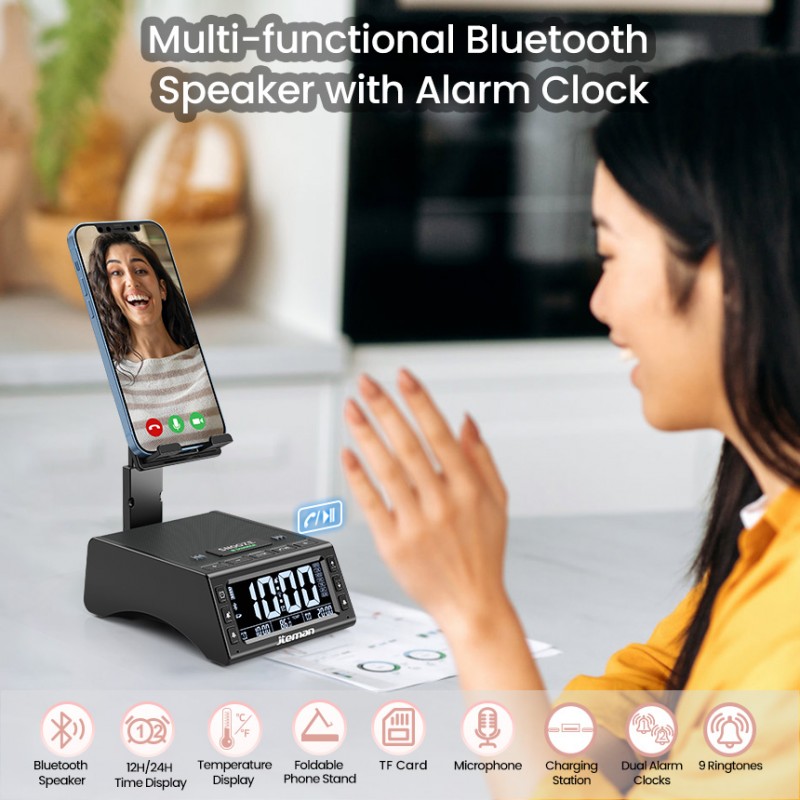 jteman Bluetooth speaker phone stand with alarm clock—featuring deep bass, an LED alarm display, and TF card support; ideal for bedside tables or studies, and a great gift for parents or friends.