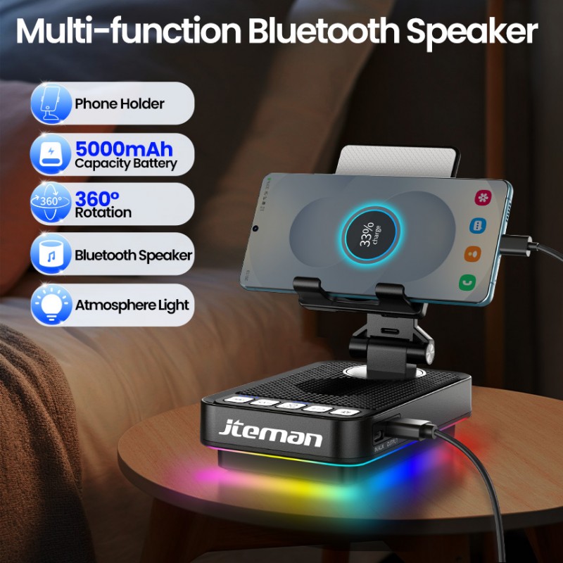 Jteman 5000mAh Multi-Function Bluetooth Speaker with 360° Rotatable Phone Holder, RGB Atmosphere Light for Home Entertainment