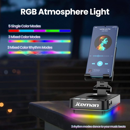 Jteman 5000mAh Multi-Function Bluetooth Speaker with 360° Rotatable Phone Holder, RGB Atmosphere Light for Home Entertainment