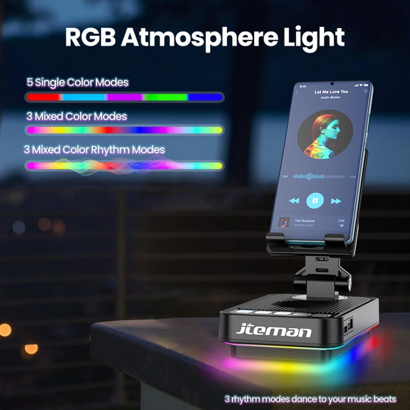 Jteman 5000mAh Multi-Function Bluetooth Speaker with 360° Rotatable Phone Holder, RGB Atmosphere Light for Home Entertainment