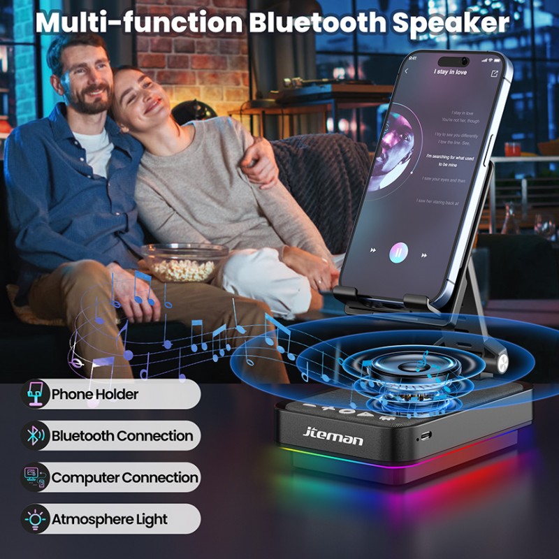 Jiteman Multi-Function Bluetooth Speaker with Phone Holder, RGB Atmosphere Light, Bluetooth & Computer Connection for Home Entertainment
