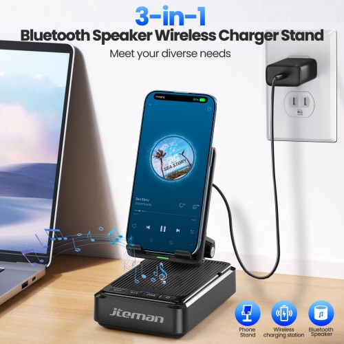 3-in-1 Bluetooth Speaker Wireless Charger Stand, Multi-Function Desktop Phone Holder with Wireless Charging Station for iPhone, Samsung, Home Office Desk