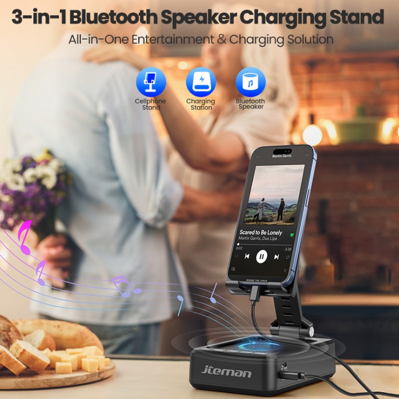 JTEMAN Foldable Phone Stand Speaker with HD Audio and Emergency Charging – A cool, tech-savvy kitchen gadget suitable for various smartphones and tablets; a great birthday gift for men and women.