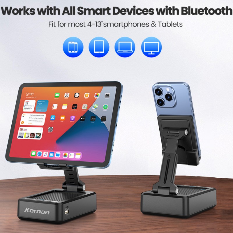 JTEMAN Foldable Phone Stand Speaker with HD Audio and Emergency Charging – A cool, tech-savvy kitchen gadget suitable for various smartphones and tablets; a great birthday gift for men and women.