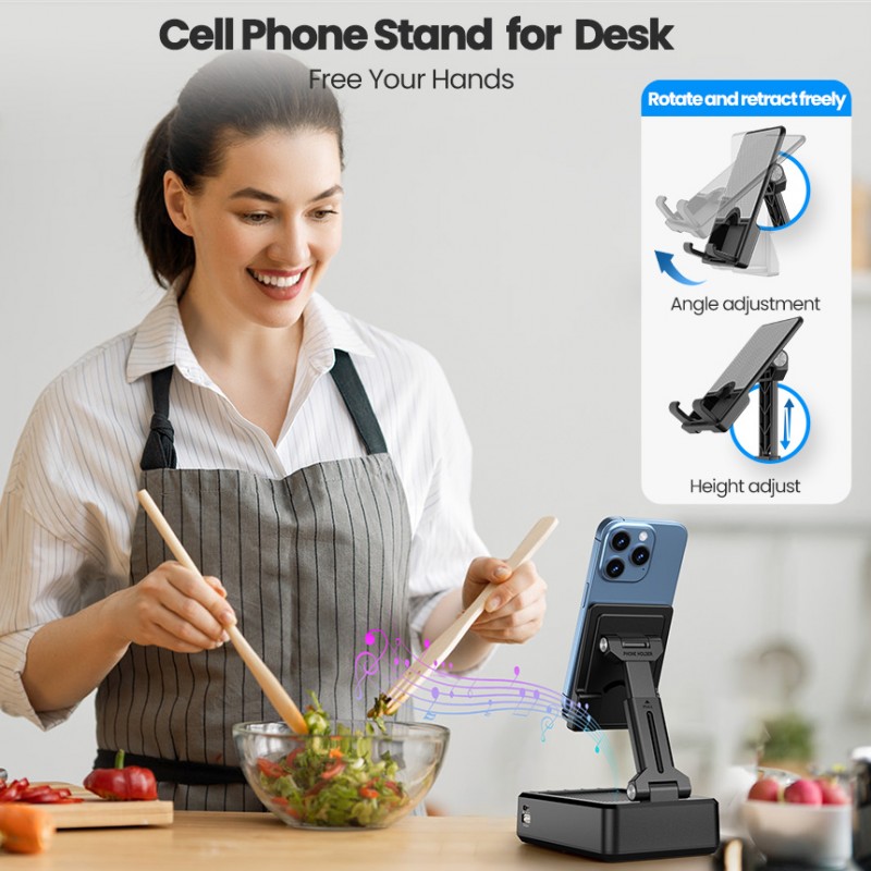 JTEMAN Foldable Phone Stand Speaker with HD Audio and Emergency Charging – A cool, tech-savvy kitchen gadget suitable for various smartphones and tablets; a great birthday gift for men and women.